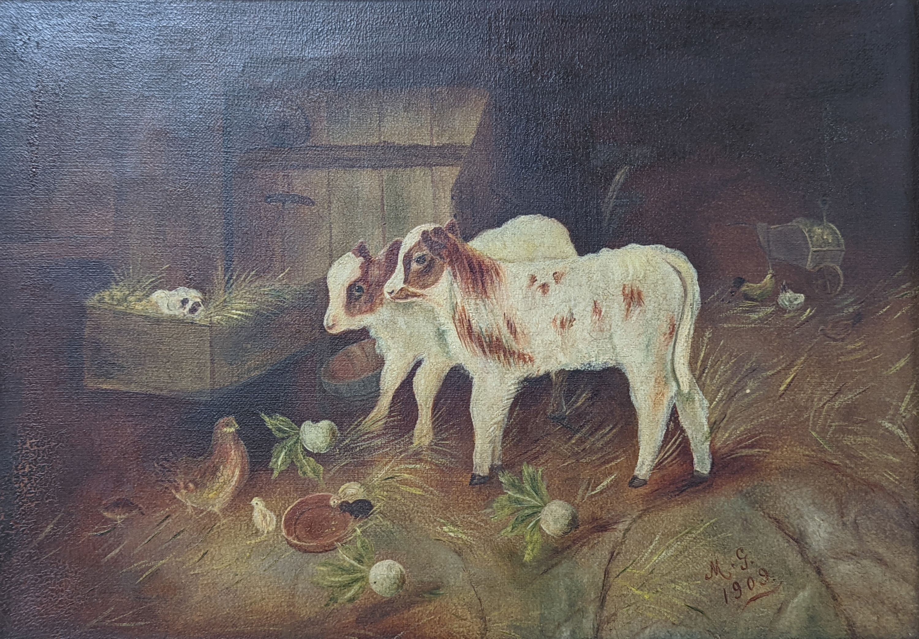 MG, 1909, oil on canvas, Cows and chickens in a stable, signed and dated, 24 x 34cm